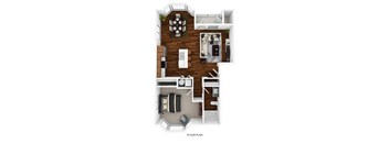 A floor plan of a house with a dining area, living room, kitchen, and bedrooms.