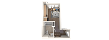 A 3D rendered image of a small, modern bathroom.