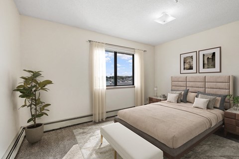 a bedroom with a bed and a window