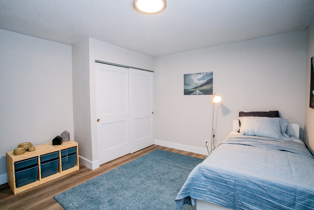 a bedroom with a bed and a blue rug