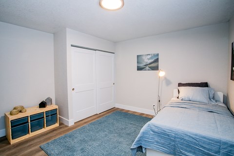 a bedroom with a bed and a blue rug