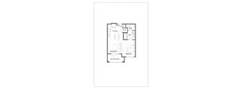 A floor plan of a small apartment with a living room, kitchen, bathroom, and bedroom.