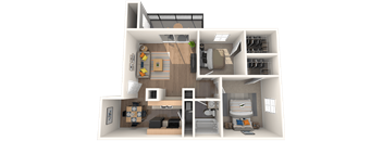 a rendering of a 3d floor plan with a bedroom and a living room