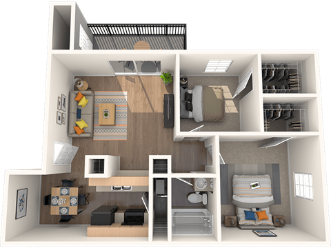 a rendering of a 3d floor plan with a bedroom and a living room