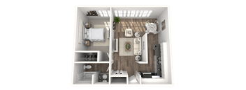 A 3D rendered image of a small apartment layout.