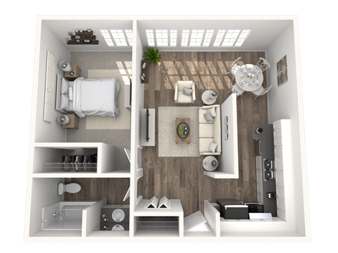 A 3D rendered image of a small apartment layout.