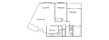 A floor plan of a small apartment with a living room, dining room, kitchen, and two bedrooms.