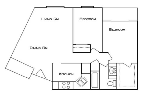 A floor plan of a small apartment with a living room, dining room, kitchen, and two bedrooms.