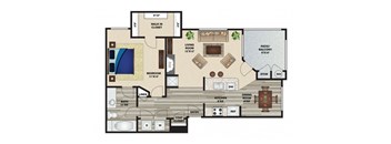 A floor plan of a house with a living room, dining room, kitchen, and bathroom.