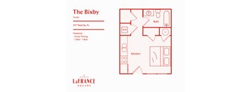 A red floor plan for a studio apartment at 317 Total Sq. Ft. with a kitchen, bath, and w/d.