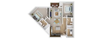 A floor plan of a house with a kitchen, living room, dining room, and bedrooms.