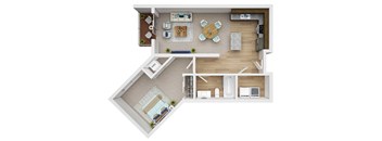 A top-down view of a living room with a kitchen area.