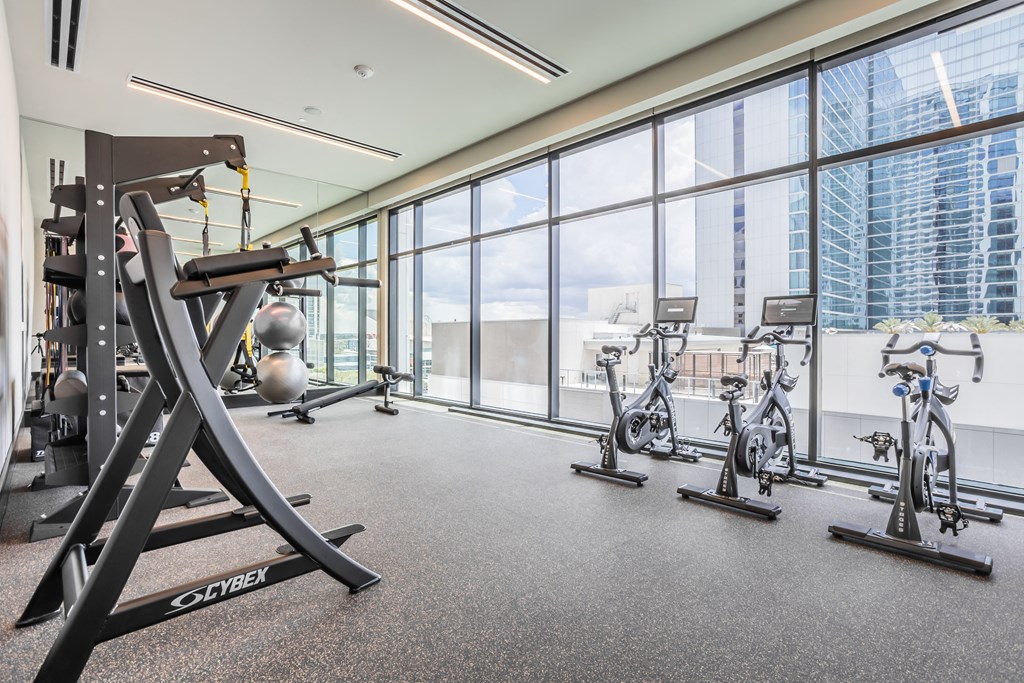 a gym with exercise equipment and window views of the city