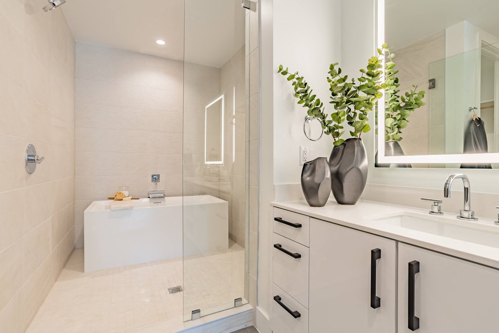 a bathroom with a sink and a shower and a mirror