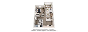 One bedroom apartment floor plan with one bathroom at Blue Sky Landing in College Park GA featuring 790 square feet and an open concept kitchen and living area