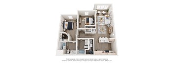A 3D floor plan of a small apartment with a kitchen, living room, and bathroom.