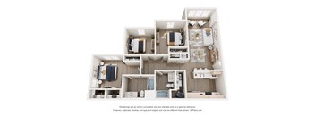 A 3D floor plan of a house with a kitchen, living room, and bathroom.