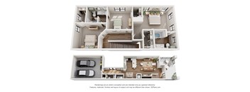 A 3D floor plan of a house with multiple rooms and a garage.