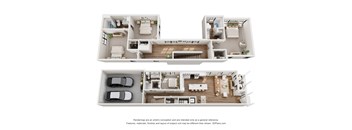 A 3D floor plan of a house with two bedrooms, two bathrooms, a living room, a kitchen, and a garage.