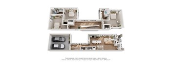 A 3D floor plan of a house with two bedrooms, a living room, a kitchen, and a garage.