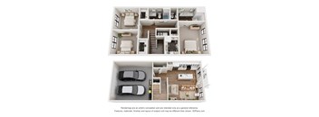 A 3D floor plan of a house with a living room, kitchen, dining room, and two bedrooms.