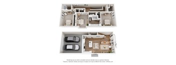 A floor plan of a two-story house with a garage.