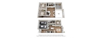 A floor plan of a two-story home with a living room, dining room, kitchen, and bedrooms.
