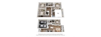 A floor plan of a two-story house with a garage and a living room on the first floor and a bedroom with an open door on the second floor.