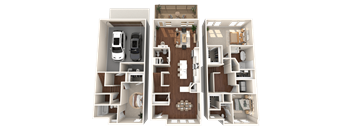 A 3D floor plan of a house showing three different rooms.