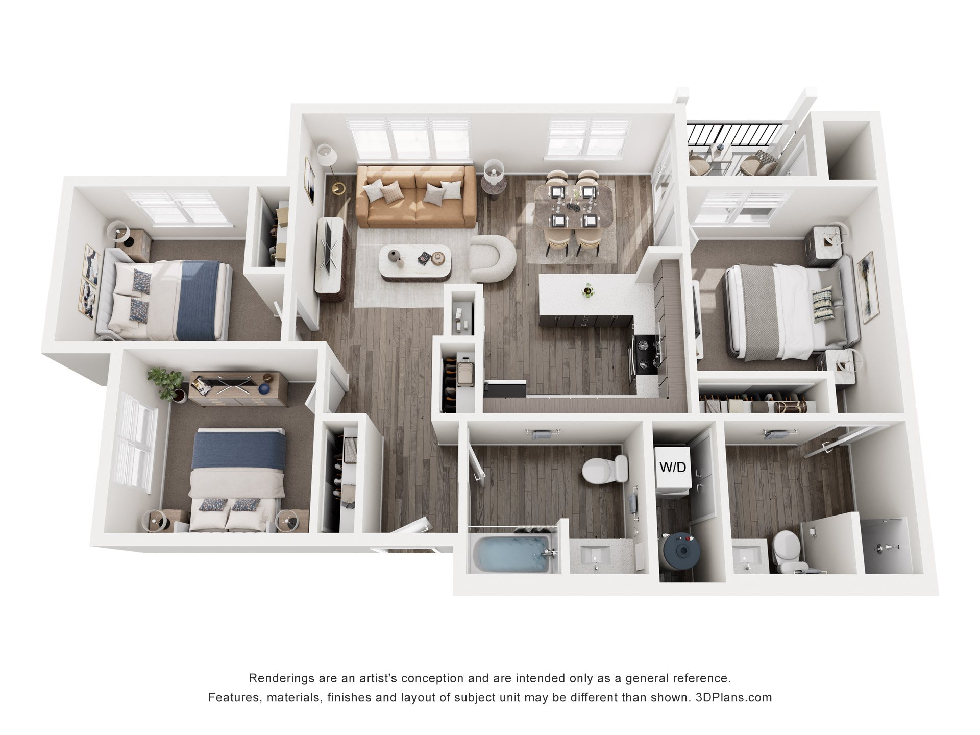 A 3D floor plan of a house with a kitchen, living room, and bathroom.