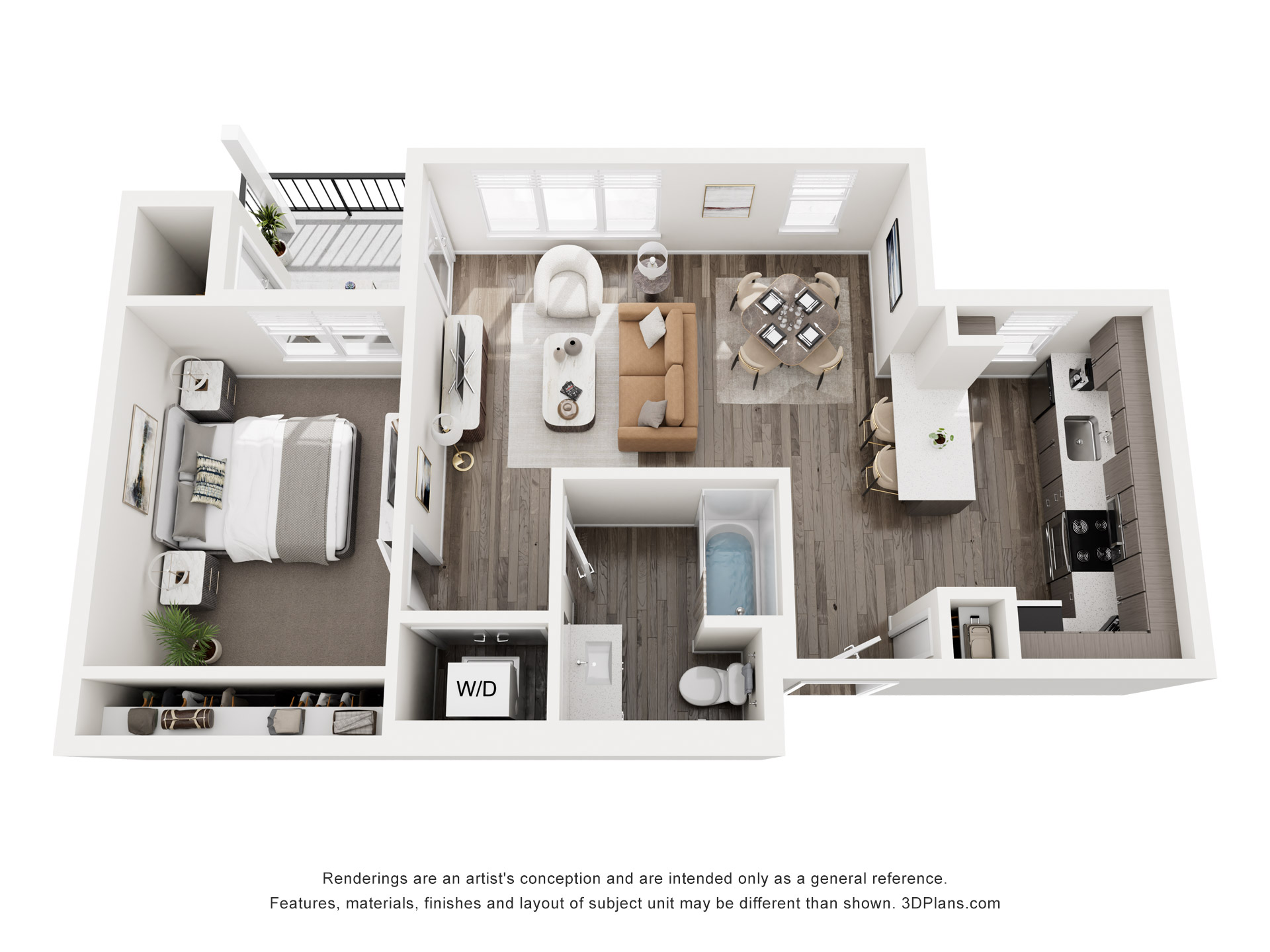A 3D floor plan of a small apartment with a kitchen, living room, and bathroom.