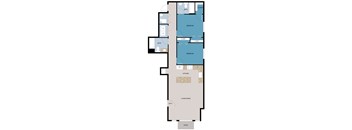A floor plan of a house with two bedrooms, a living room, a kitchen, a bathroom, and a patio.