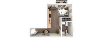 A 3D rendered image of a small apartment layout.