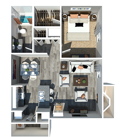 a 3d rendering of a bedroom and bathroom floor plan