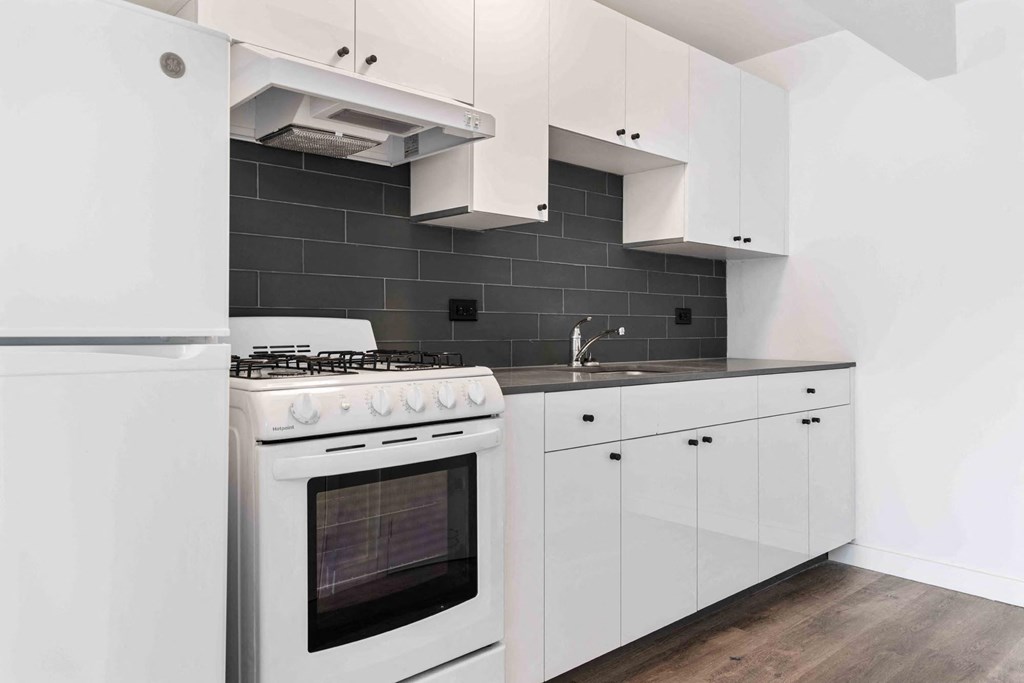 a white kitchen with a stove and a sink
