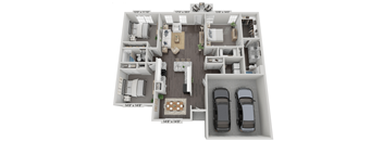 a 3d floor plan of a studio apartment with two cars parked in the garage
