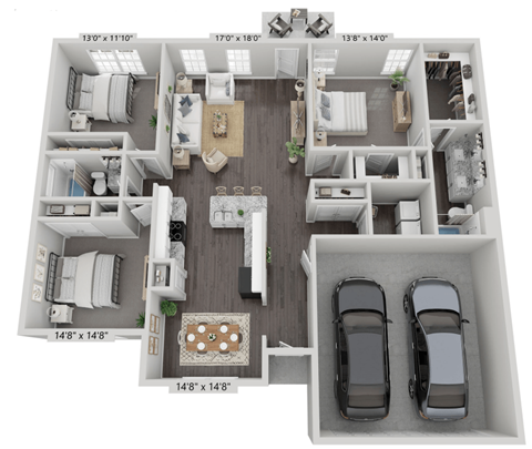 a 3d floor plan of a studio apartment with two cars parked in the garage