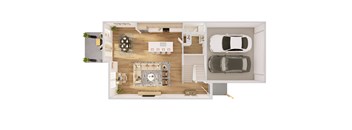 A top-down view of a small apartment with a kitchen, living room, and bathroom.