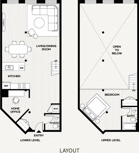 A black and white image of a floor plan for a two-level home.