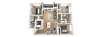 A 3D floor plan of a house showing all the rooms and their layouts.