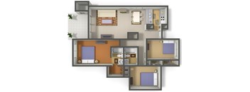 A 3D floor plan of a house with multiple rooms.