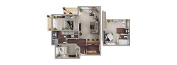 A detailed 3D floor plan of a small apartment.