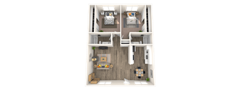 A top-down view of a two-bedroom apartment with a living room, kitchen, and bathroom.