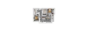 A 3D floor plan of a house with a kitchen, living room, and bedrooms.