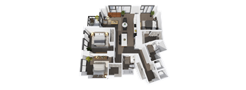 A 3D rendered image of a house layout.
