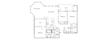 A floor plan of a house with a dining area, kitchen, living room, two bedrooms, two bathrooms, and a walk-in closet.