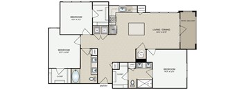 A floor plan of a house with three bedrooms, a living room, a dining room, a pantry, a laundry area, and an entry.