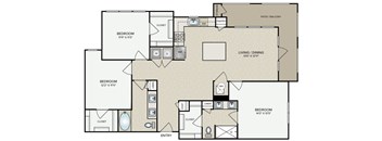 A floor plan of a house with three bedrooms and a living/dining area.
