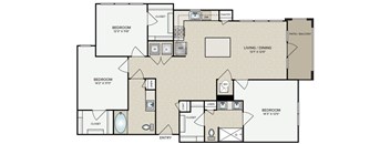 A floor plan of a house with three bedrooms and a living area.