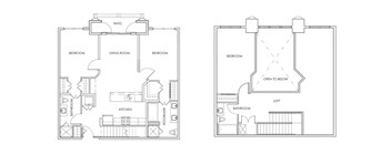 A floor plan of a house with two bedrooms, a living room, a kitchen, a bathroom, and a loft.